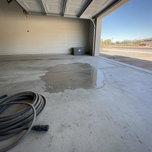 dry garage floor with faint water stain ring near wall