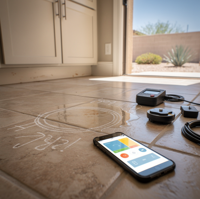 specialist marking a floor leak with bright spray paint