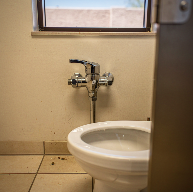 A toilet with chrome handle and brass valve fixture next to a window showing desert landscape outside.