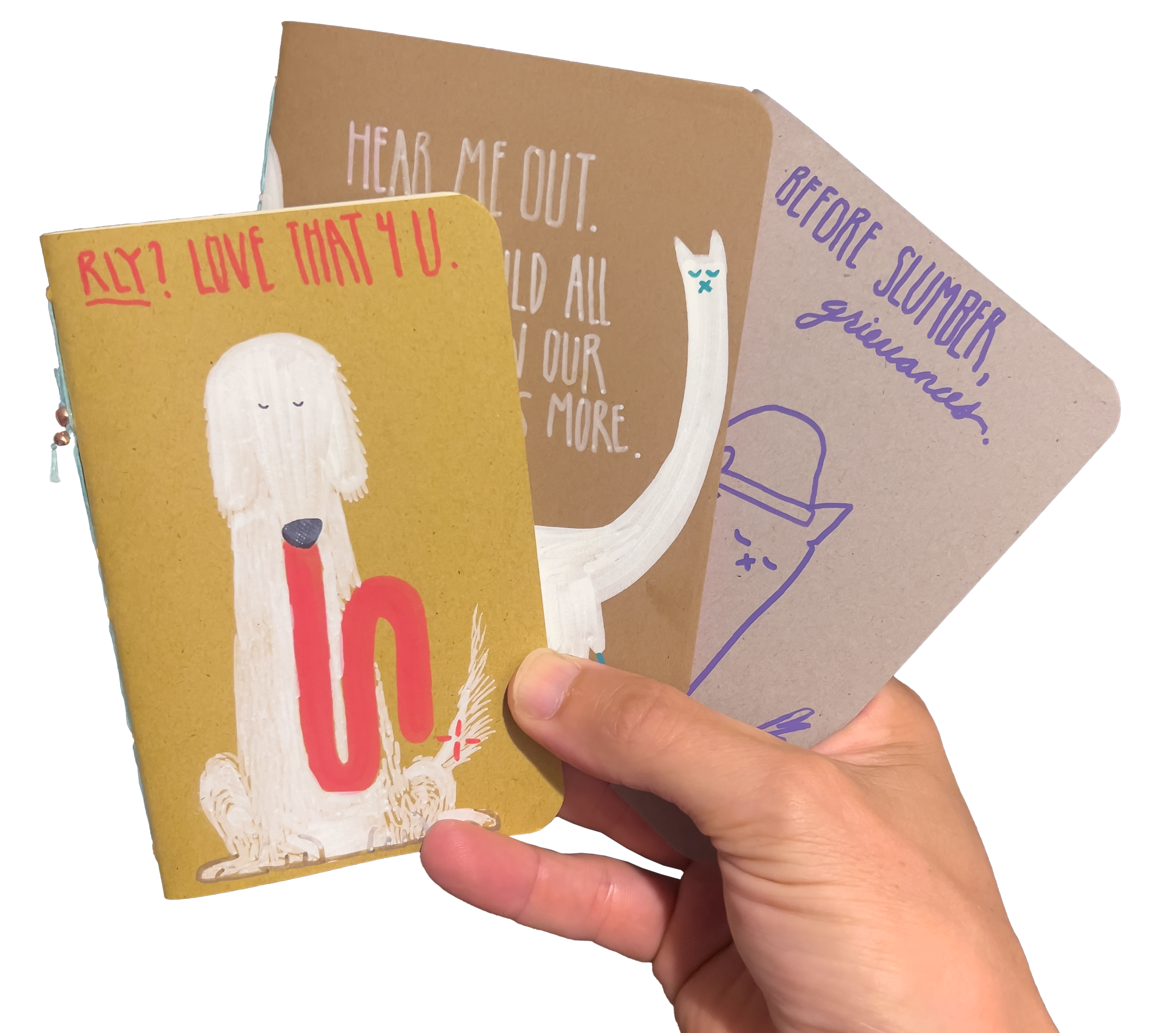 A hand holding three colorful cards with illustrations and text, including phrases like "Really? Love that 4 u" and mentions of the outdoors and sunflower garden.