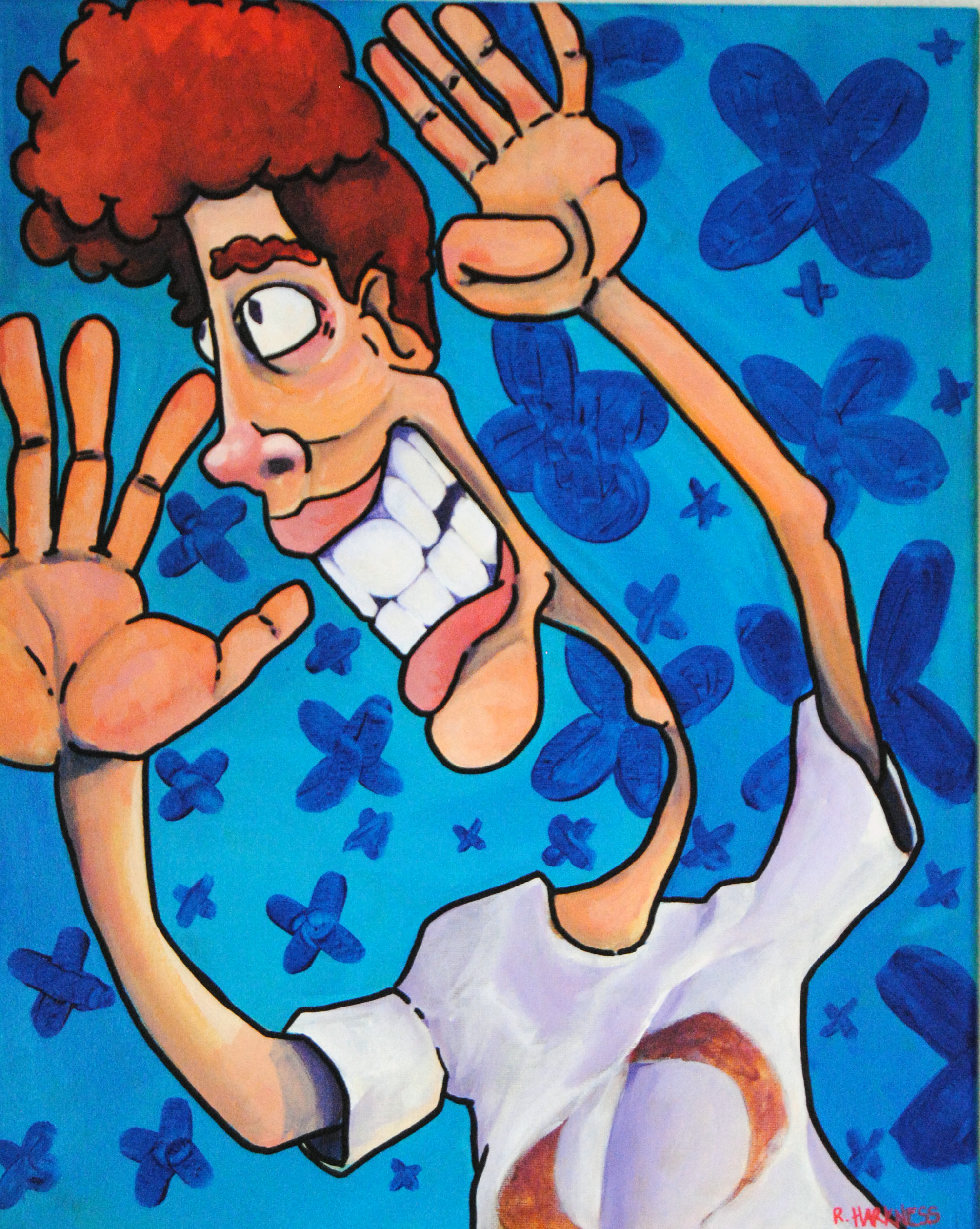 A cartoon-style drawing of a person with curly red hair and a wide smile, making a funny face and holding up his hands. The person is wearing a white t-shirt. The background is blue with scattered blue star and flower shapes.