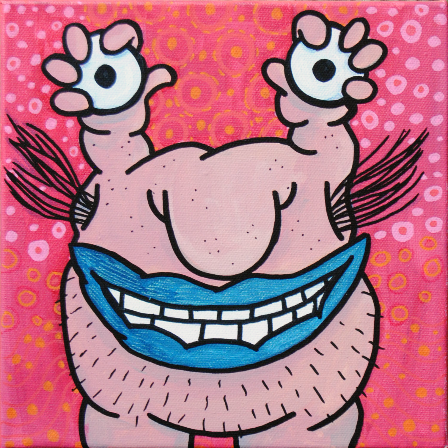 A colorful pop art style illustration of a cartoon character with a wide grin, showing large teeth, on a pink background with polka dots and swirling patterns. The character has a large nose, a big smile, and has big blue lips.