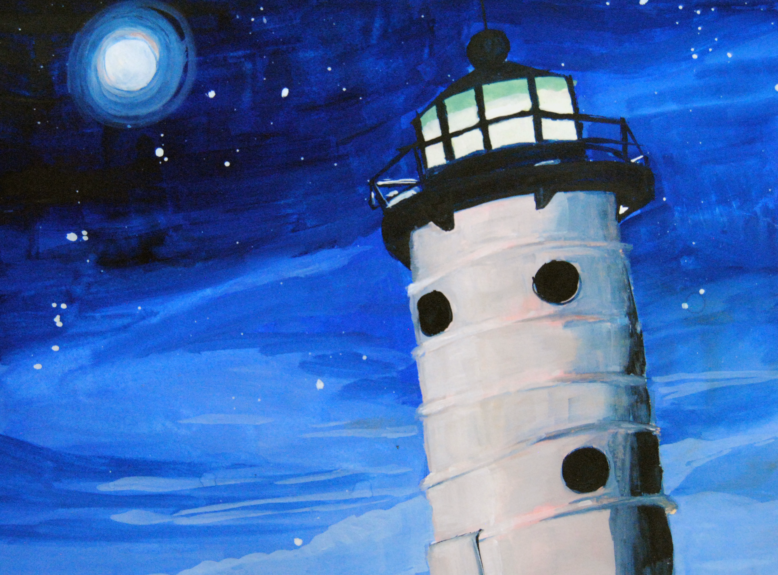 white light house with a full moon in the night stary sky