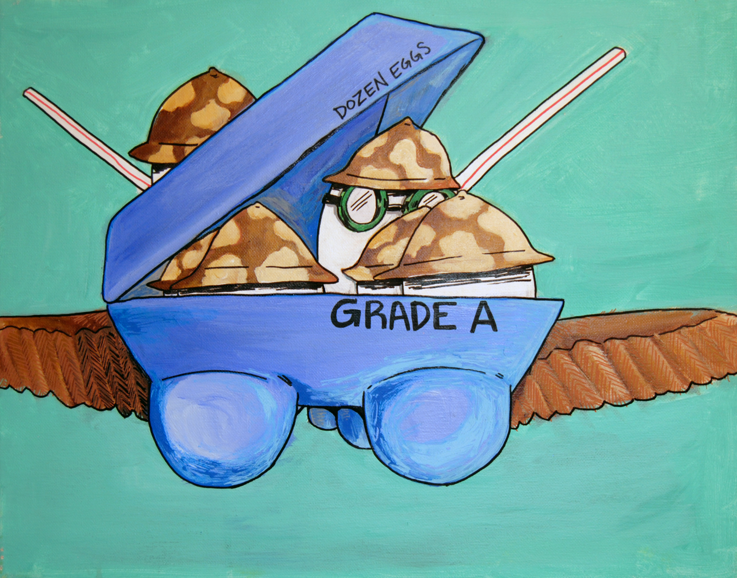An egg carton labeled 'Dozen Eggs' with brown and beige camouflage patterned helmeted eggs inside, some eggs are partially visible, and an egg with a green goggles on, egg carton has brown wings all on a light teal background.