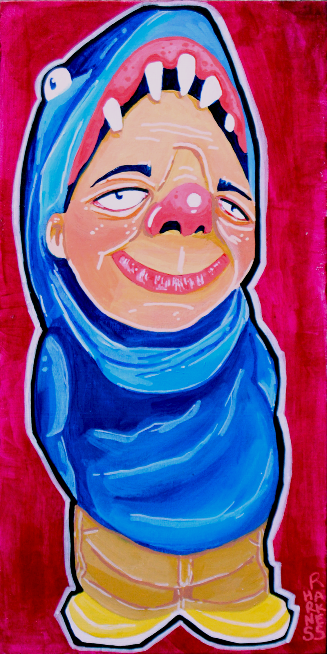 A cartoon-style drawing of a person with a clown face, wearing a blue shark hoodie, yellow pants, and yellow shoes, with exaggerated facial features, including a big red nose and crooked teeth, against a red background.