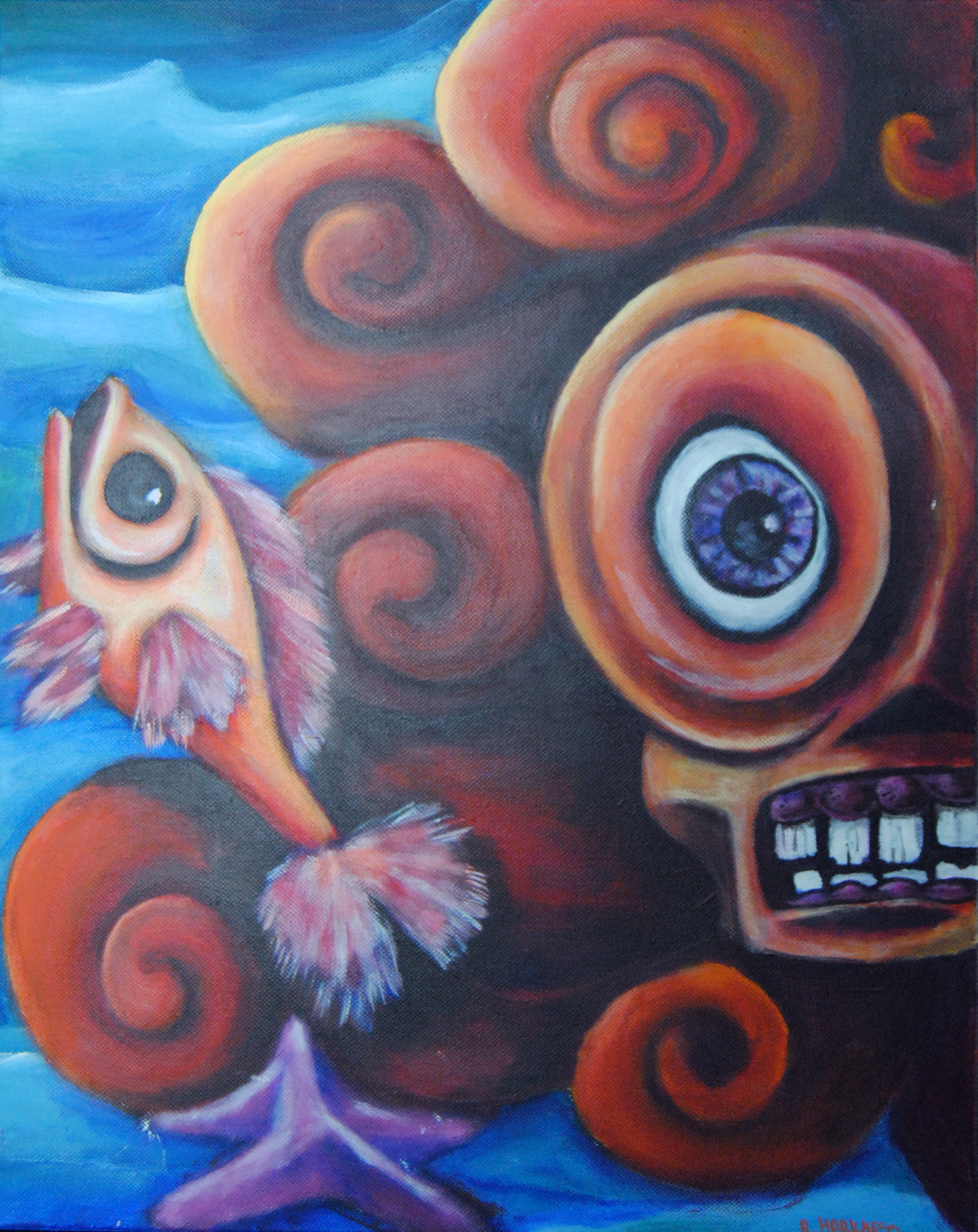 Colorful abstract painting with swirling patterns and eye motifs in shades of red, orange, purple, and blue.