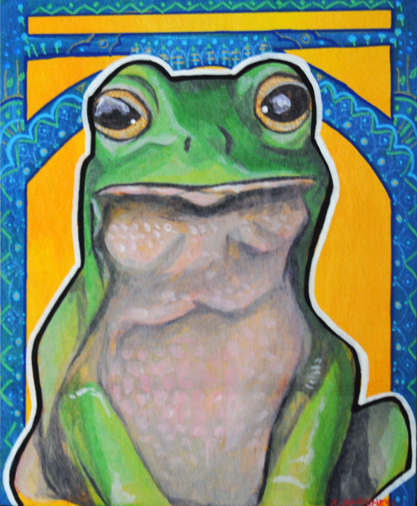 Colorful painting of a green frog with large eyes, outlined in white, set against a bright yellow and blue background with intricate patterns.