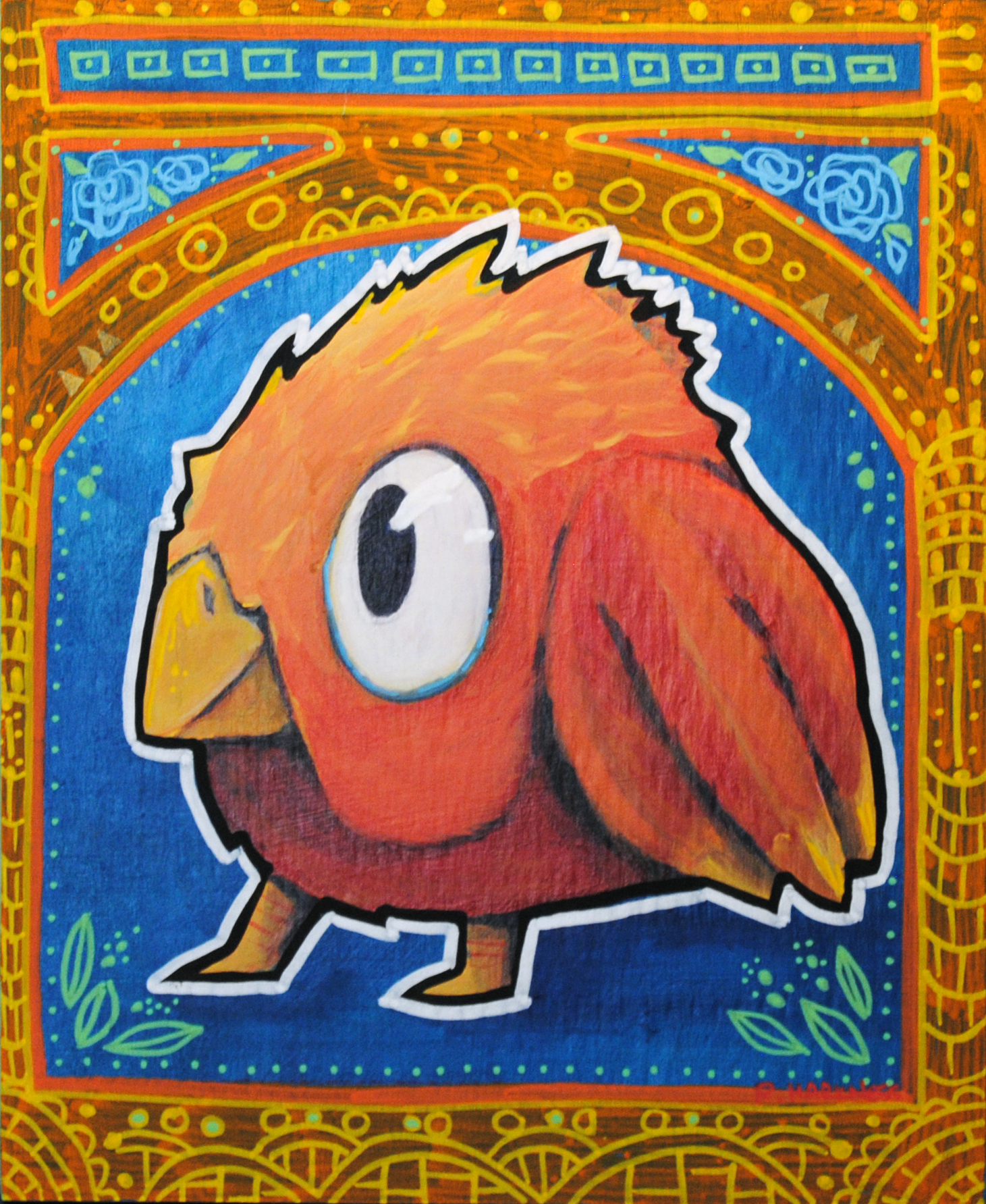 Colorful drawing of a cartoonish bird with an orange body, large eyes, and yellow beak, surrounded by intricate decorative borders and patterns.