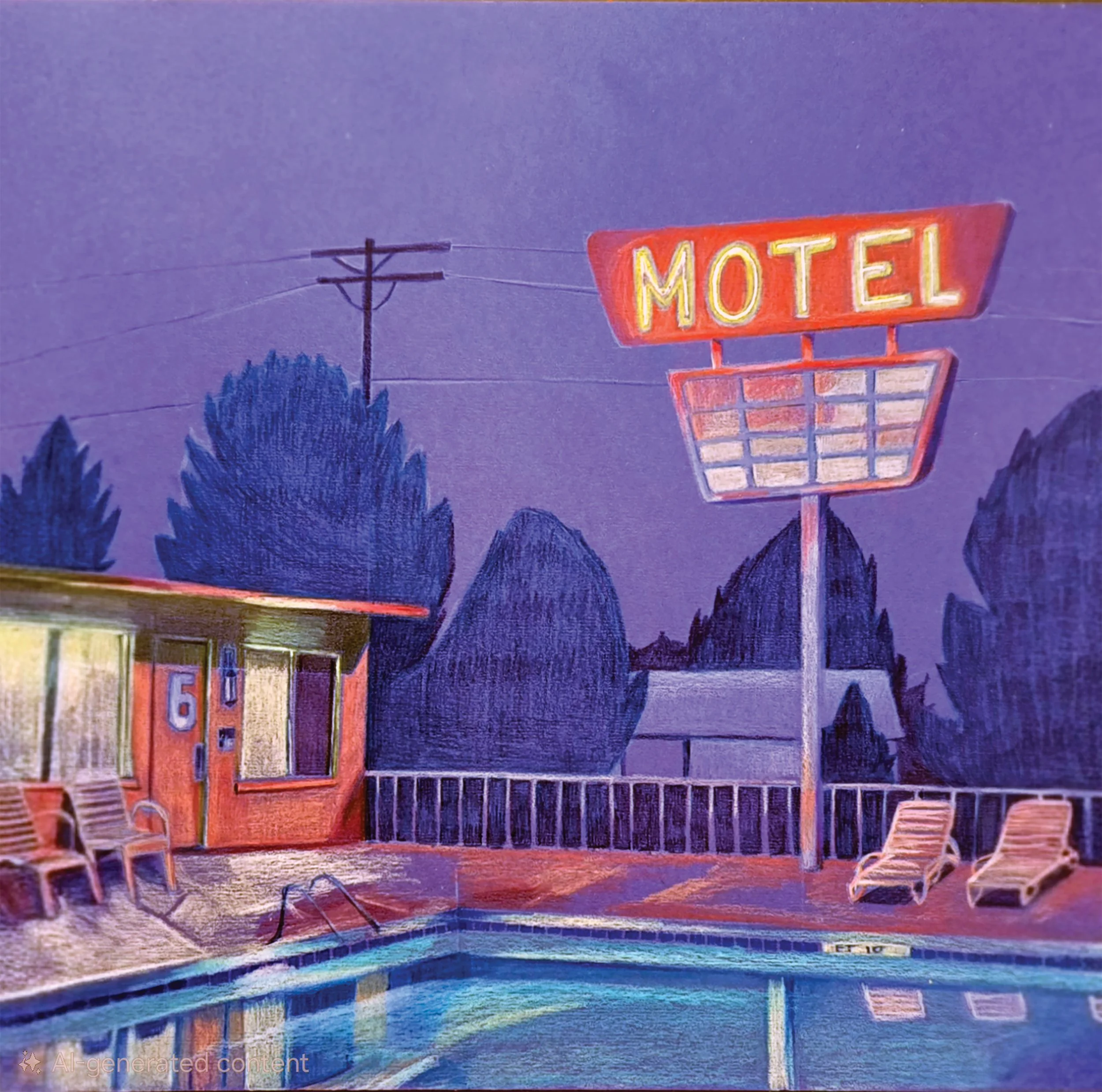 A neon sign that reads 'MOTEL' in yellow and red lights, standing above a bus stop with chairs in front of it, set against a purple evening sky with trees and power lines in the background.