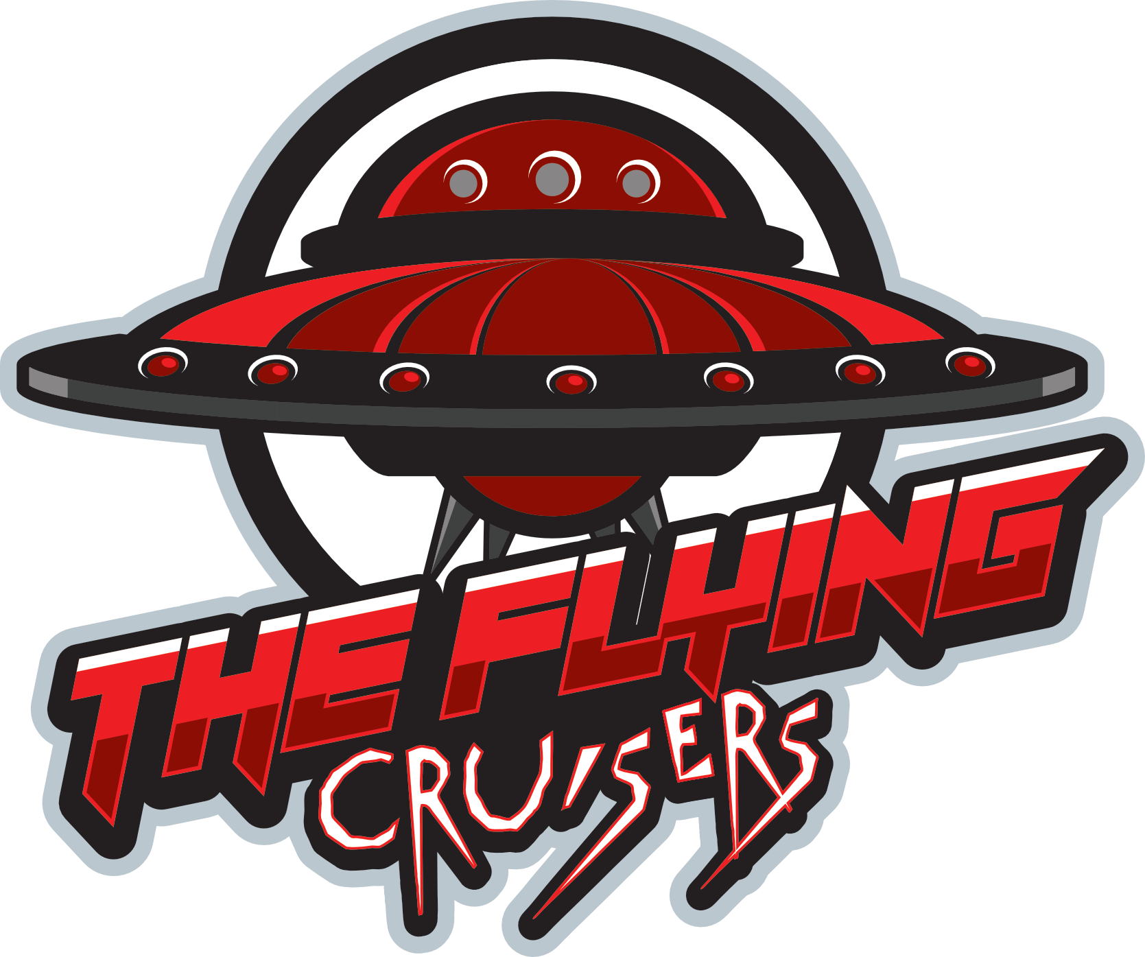 Logo with a flying saucer spaceship above stylized red and black text reading "The Flying Trucker"