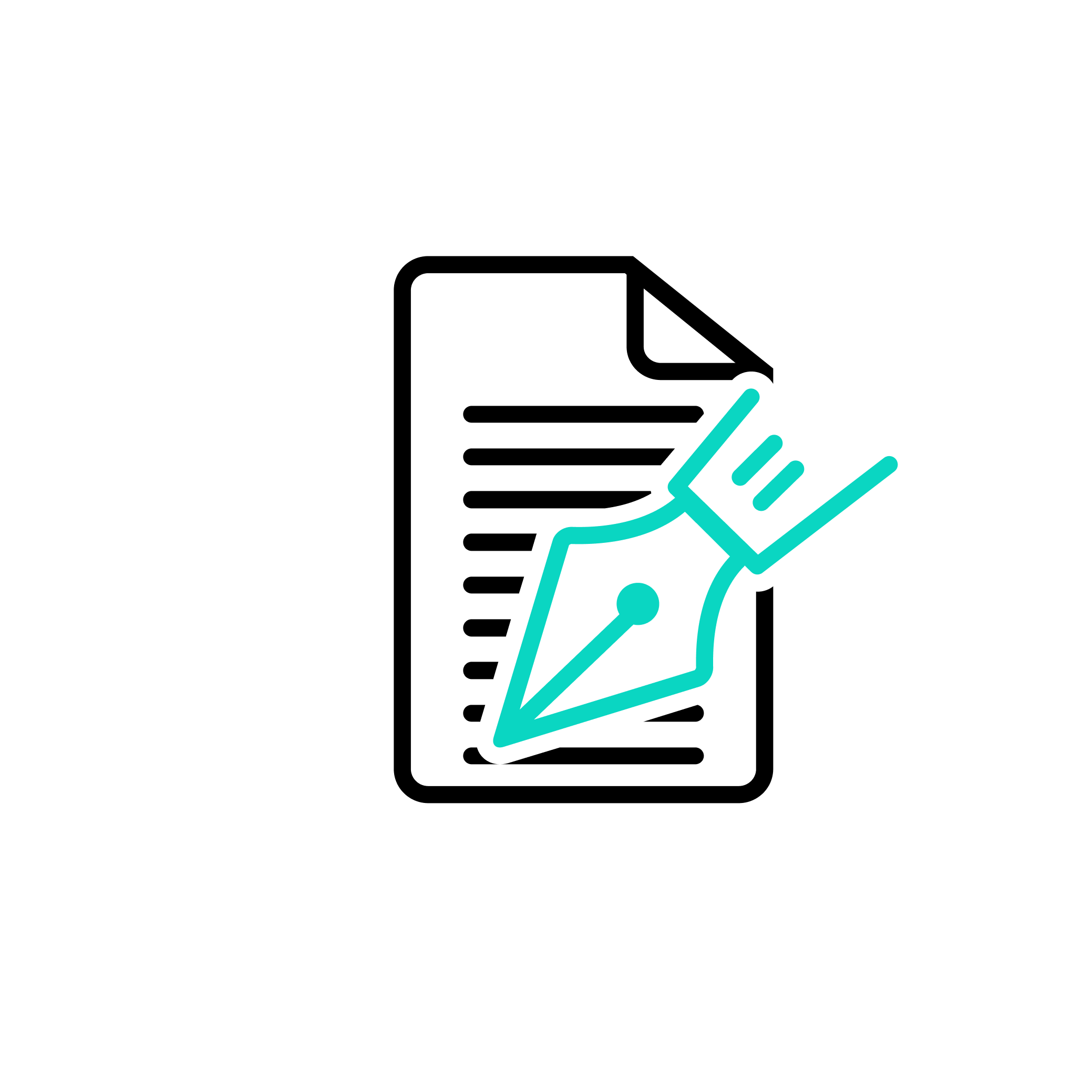 Digital line drawing of a hand holding a stylus pen, with teal lines forming a dotted pattern below.
