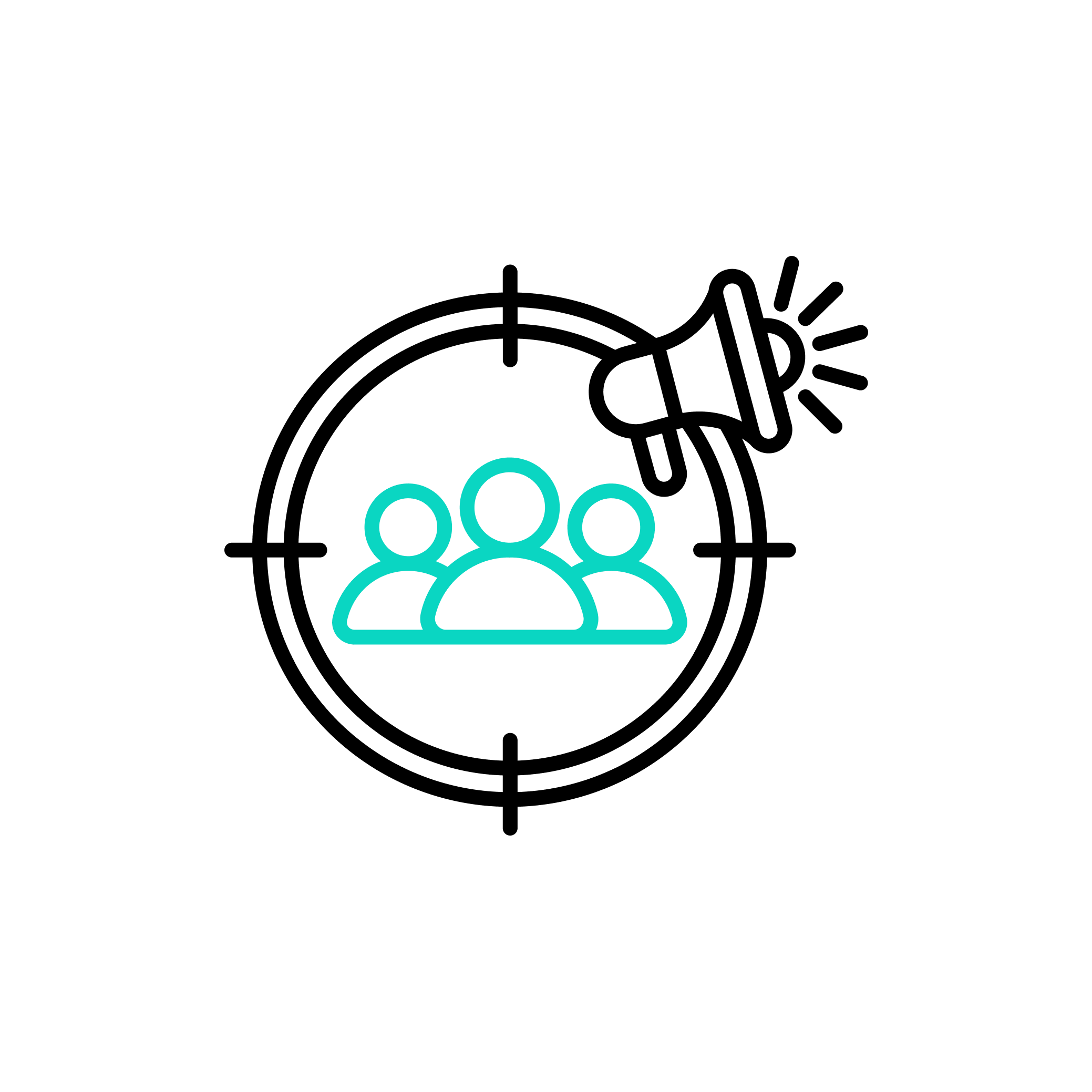 A line drawing of several human figures in a row with arrows pointing towards each figure, labeled 'Target audience', 'Key demographic', 'Customer profile', and 'Audience'.