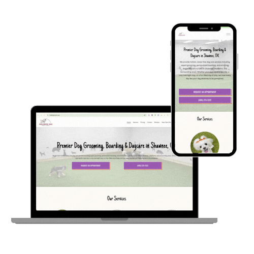 A laptop and smartphone displaying a pet grooming service website for dog grooming, boarding, and daycare in Shawnee, OK.