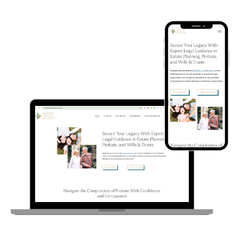 Website displayed on a laptop and smartphone showing legal services for estate planning, probate, and trusts with family photos.