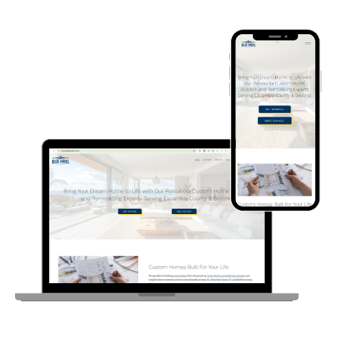 Laptop and smartphone displaying a website for custom homes by Blue Angel, with images of home interiors and text about building dream homes in Pensacola, Florida.