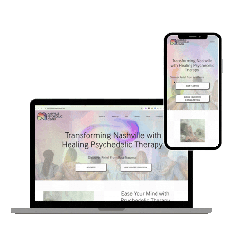 Laptop and smartphone displaying the Nashville Psychedelic Center website, promoting healing psychedelic therapy and burnout relief.