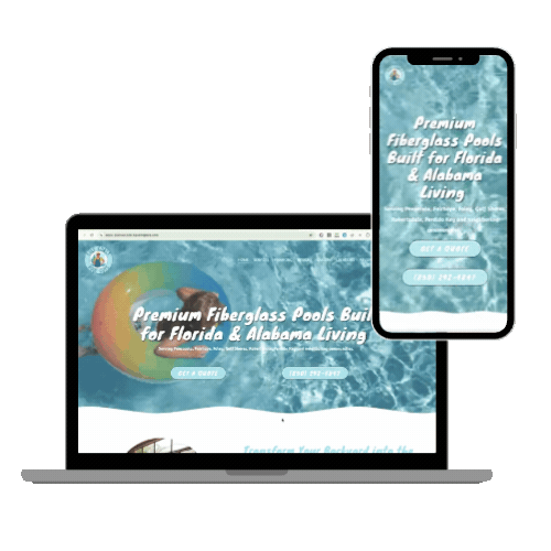 Laptop and smartphone displaying a website for premium fiberglass pools built for Florida and Alabama living.
