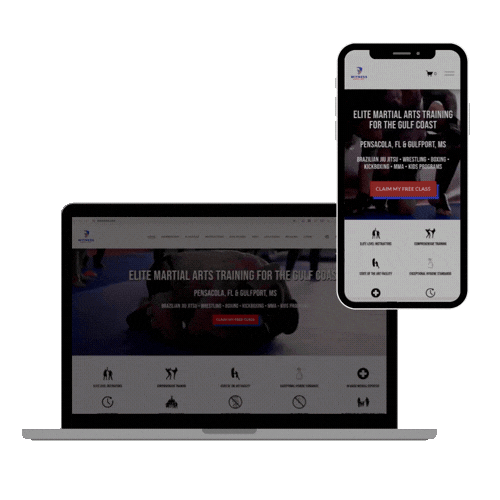 Laptop and smartphone displaying a martial arts training website for Gulf Coast, MS.