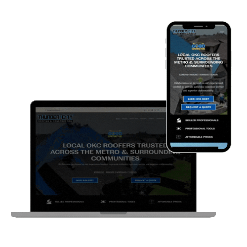 Laptop and smartphone displaying Thunder City roofing website with blue and black theme, showing options to request a quote and contact information.
