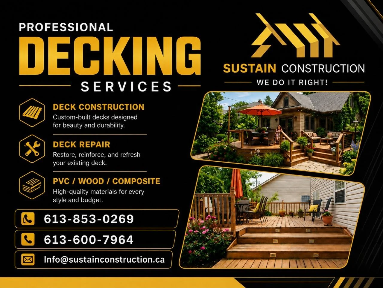 Business card for professional decking services with images of deck constructions, including a backyard deck with outdoor furniture and a garden, along with contact information.