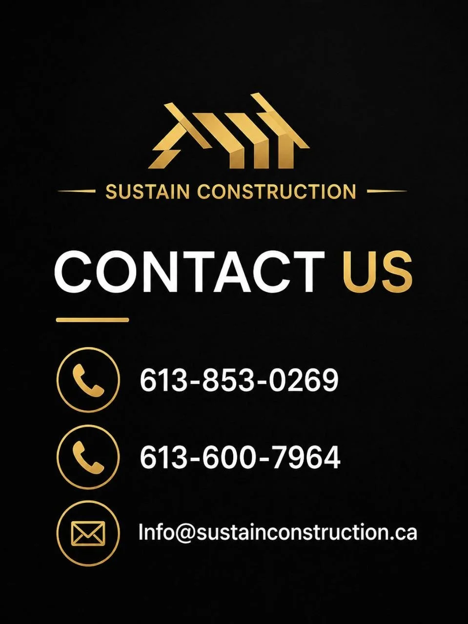 Contact information for Sustain Construction including two phone numbers and an email address on a black background with company logo.