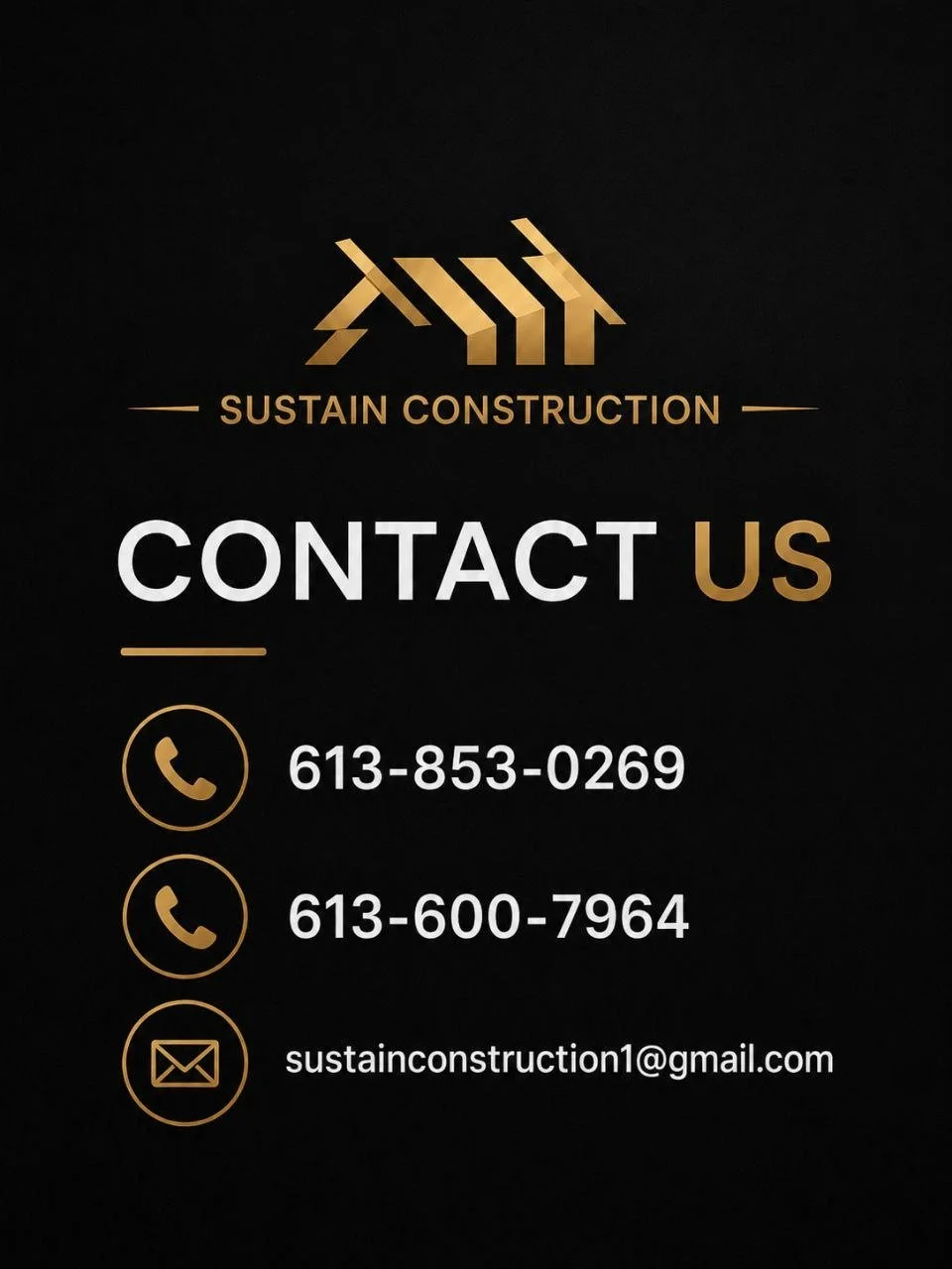 Business card for Sustain Construction with contact info including two phone numbers and an email address.