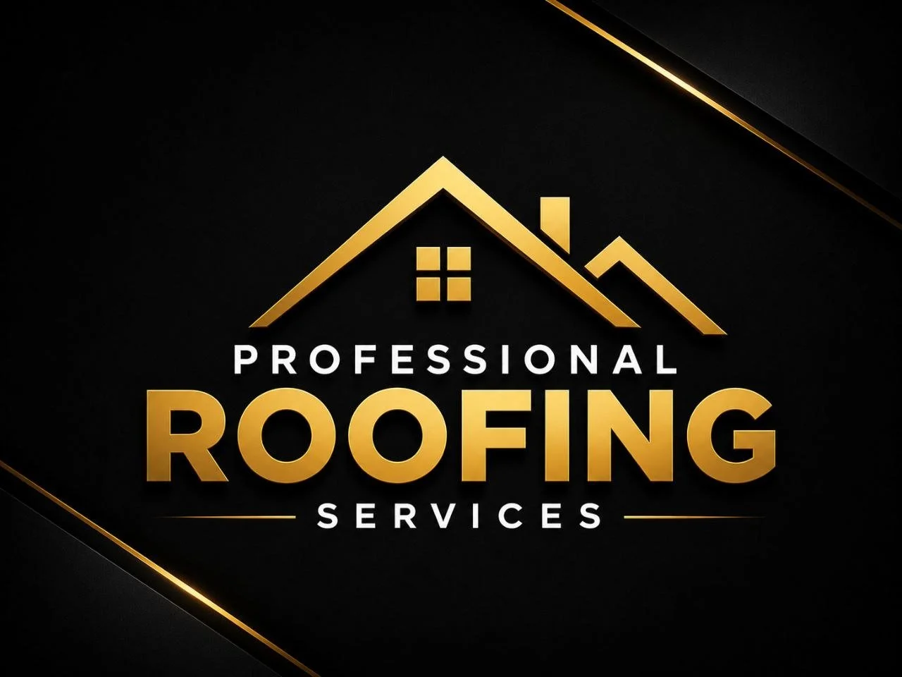 Black and gold logo for a roofing company featuring a house roof outline and the words 'Professional Roofing Services'.