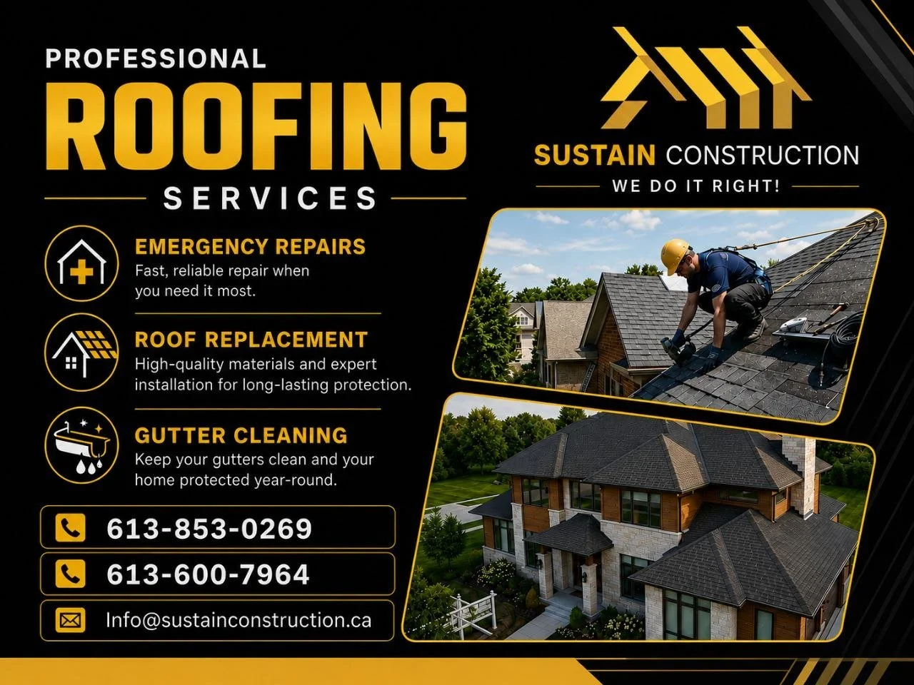Business advertisement for roofing services featuring images of a worker installing roofing shingles and a residential house with a completed roof. Company provides emergency repairs, roof replacement, and gutter cleaning.
