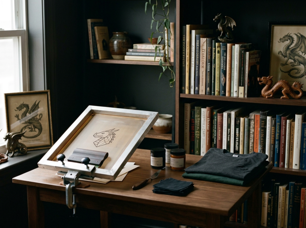 A workspace with a wooden table, bookshelves filled with books, framed dragon illustrations, and various art supplies and clothing, set by a window with natural light.