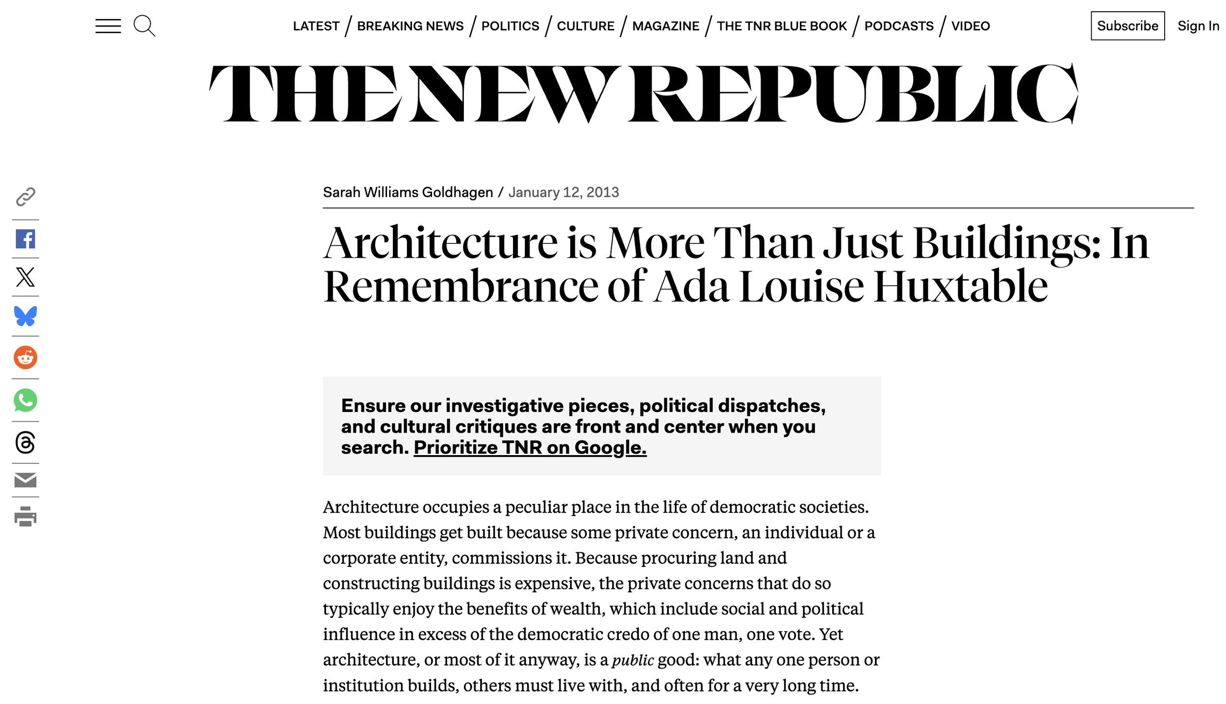 Architecture is More Than Just Buildings: In Remembrance of Ada Louise Huxtable