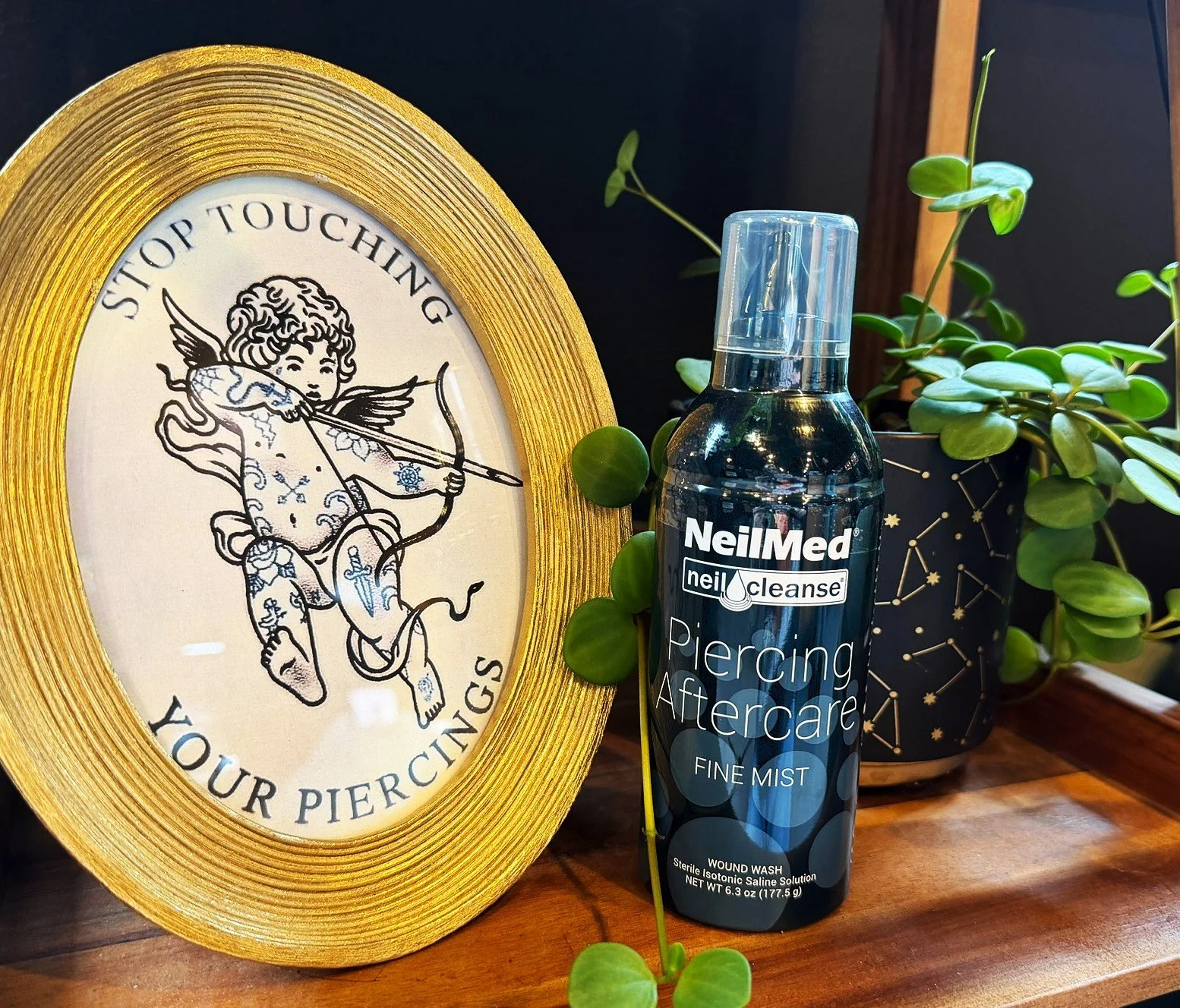 Decorative framed sign with a cherub holding a bow and arrow, surrounded by a gold frame. Next to it is a spray bottle labeled "NeilMed Neil Cleanse Piercing Aftercare Fine Mist". There are also two small potted plants with green rounded leaves on a wooden surface.