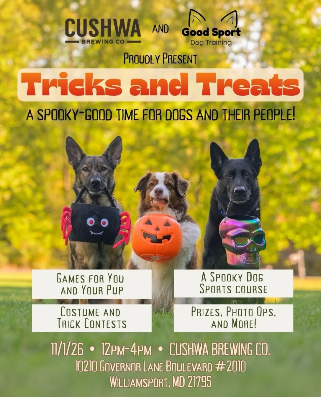 Your last chance for Halloween fun with your pup is THIS SUNDAY at Cushwa Brewing Co! We&rsquo;ll be bringing the fun dog activities, and Cushwa will be bringing some prizes for the contests, as well as their incredible selection of beverages, and of