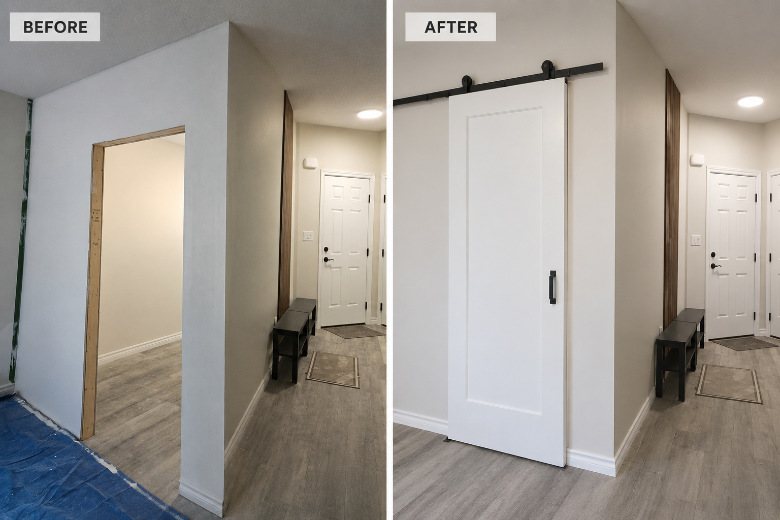 G&J Global Services Serving in Kingston Ontario Showcasing Work. Comparison of a hallway before and after renovation, showing drywall, door trim, flooring, and new sliding barn door installed.