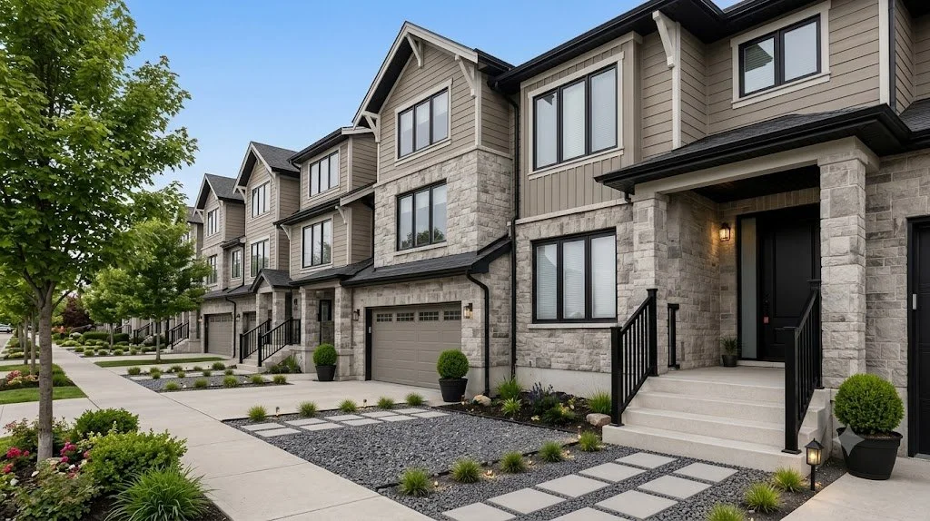 Row of modern townhouses in Kingston ON with stone and siding exteriors, front steps, small landscaped front yards, and sidewalk with trees by G&J Global Services.