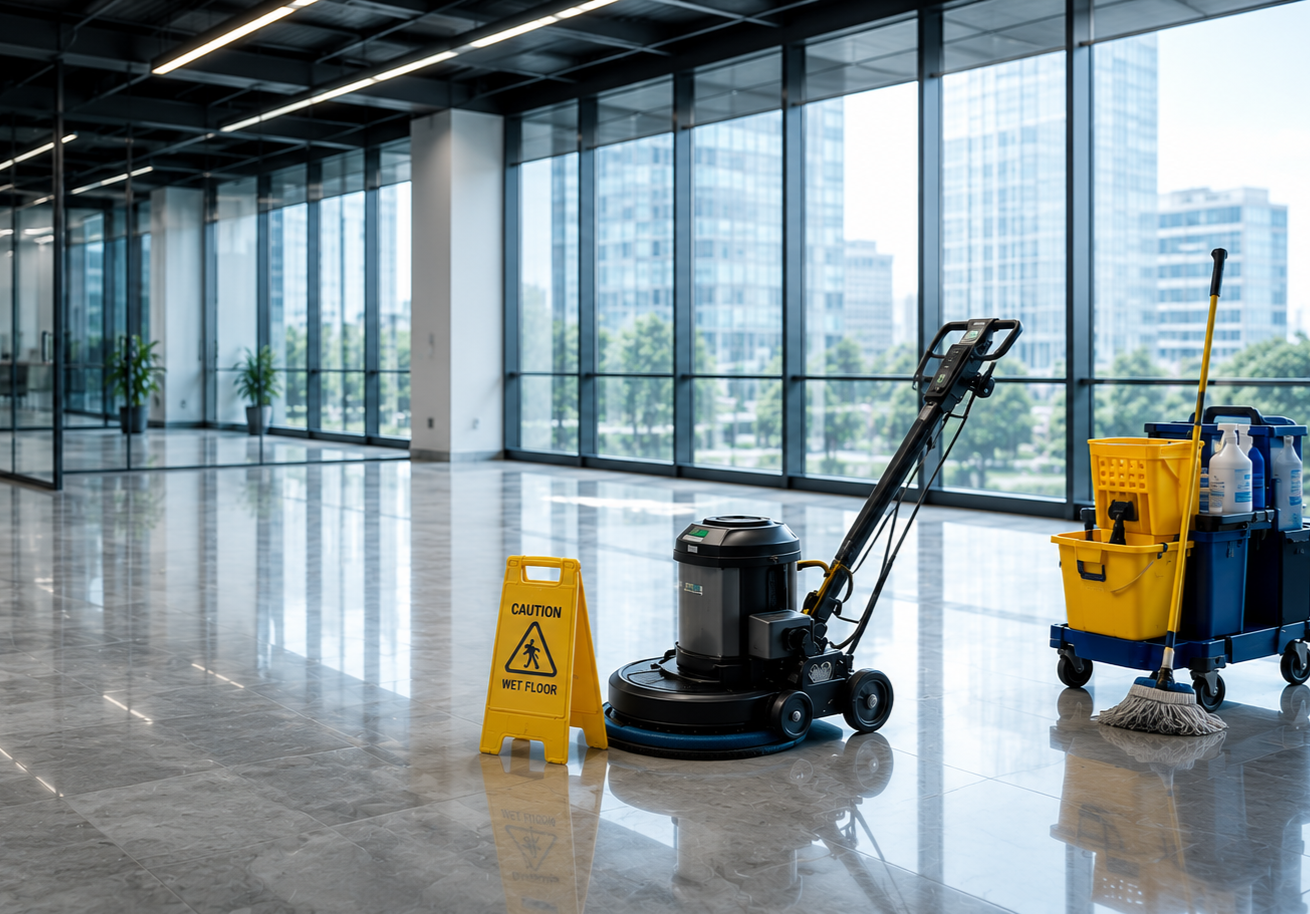 Kingston Ontario Cleaning Services. Modern office lobby with cleaning equipment, including a floor scrubber, mop, and cleaning supplies near large windows overlooking city buildings.