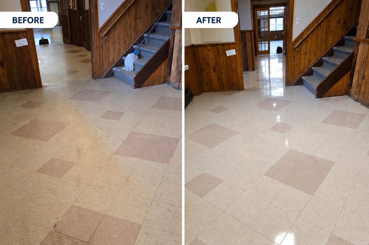G&J Global Services Serving in Kingston Ontario and Surrounding areas. Before and after images of a cleaned floor in a wooden staircase area, showing a shiny, spotless floor after cleaning.