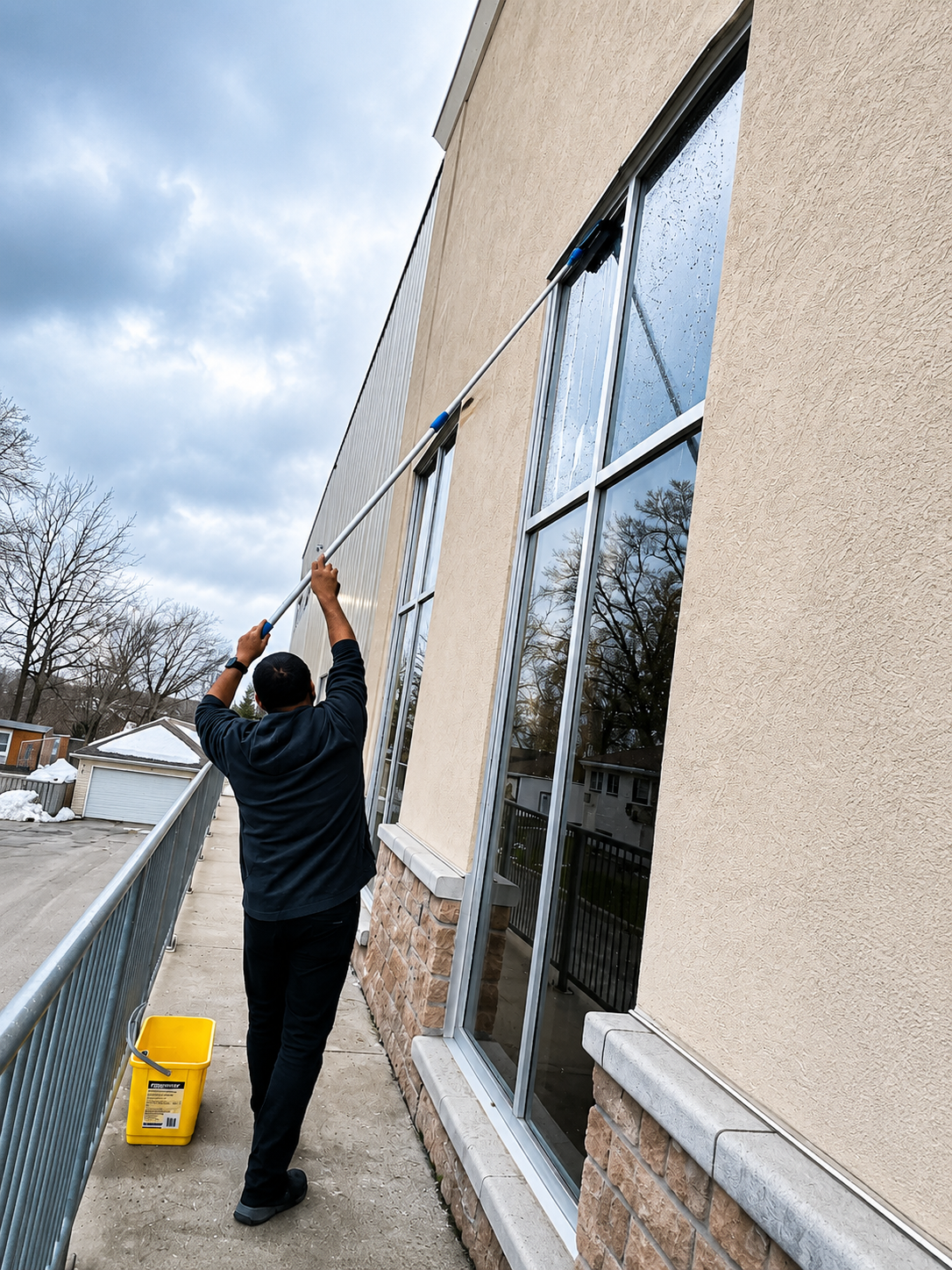 G&J Global Services Serving in Kingston Ontario and Surrounding areas. Team cleaning high windows with extended squeegee on building exterior.