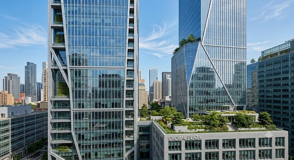 Commercial Services in Kingston Ontario and Surrounding Areas. Modern glass skyscrapers in a city with trees.