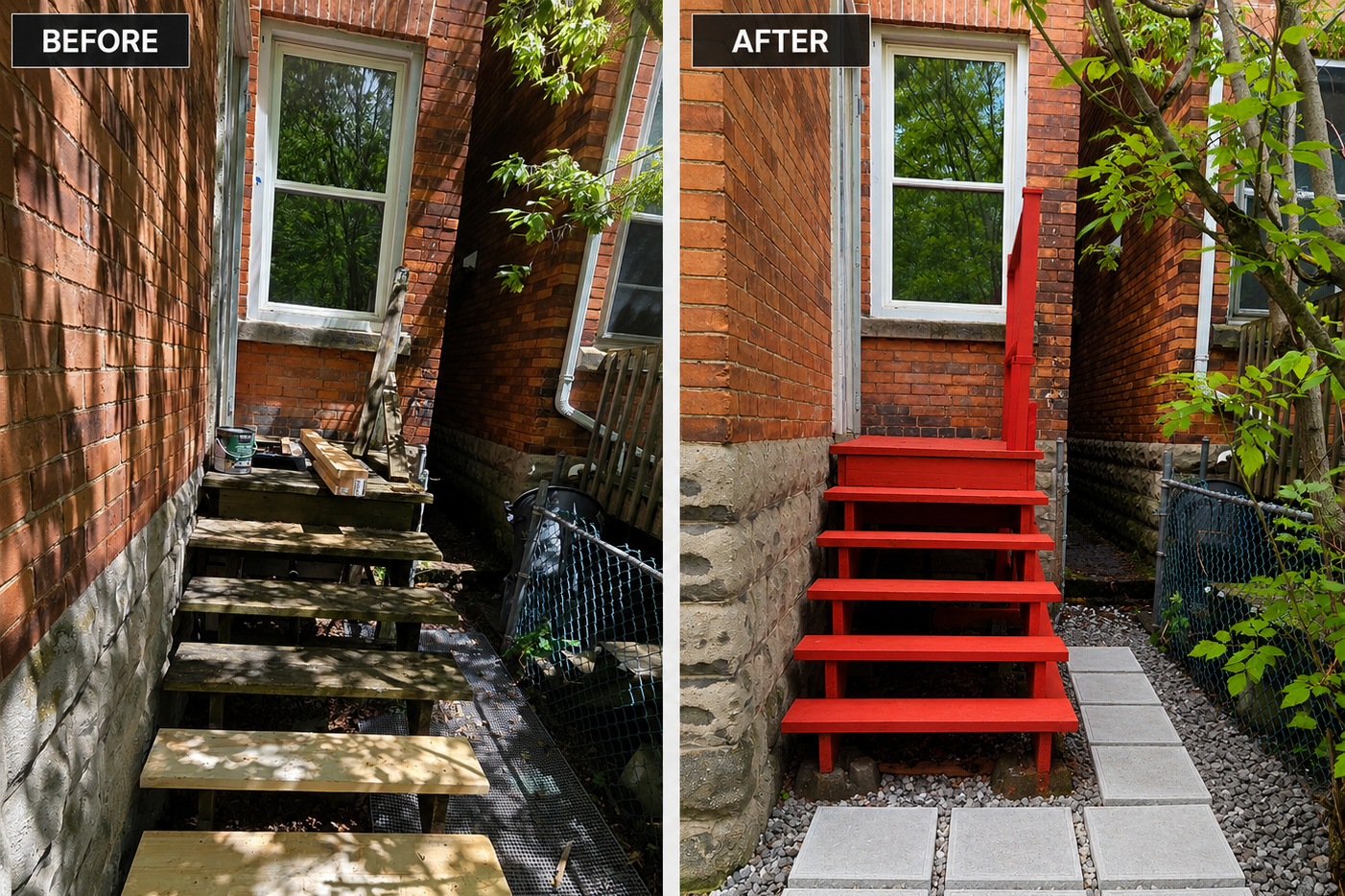 G&J Global Services Serving in Kingston Showcasing Work. comparison 'Before' with unfinished wooden steps and construction tools, and 'After' with a painted red staircase and a paved pathway in a garden.
