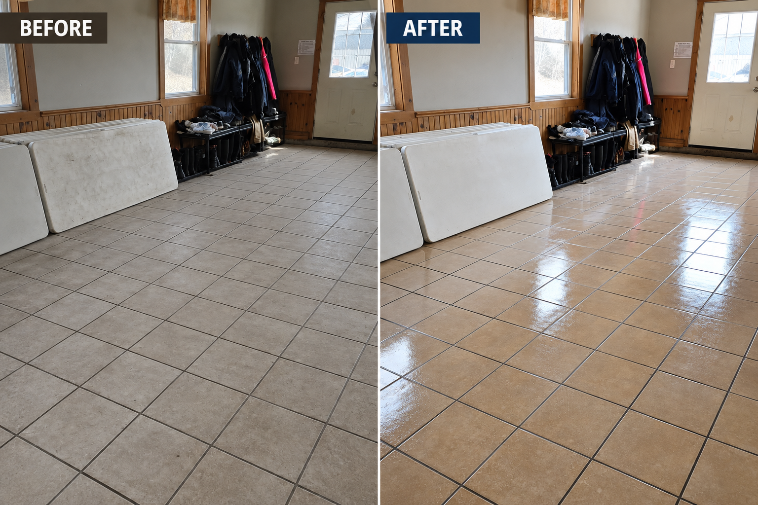 G&J Global Services Serving in Kingston Ontario and Surrounding areas. Before and after images of a tiled hallway, showing a transition from dull, matte beige tiles to shiny, polished beige tiles.