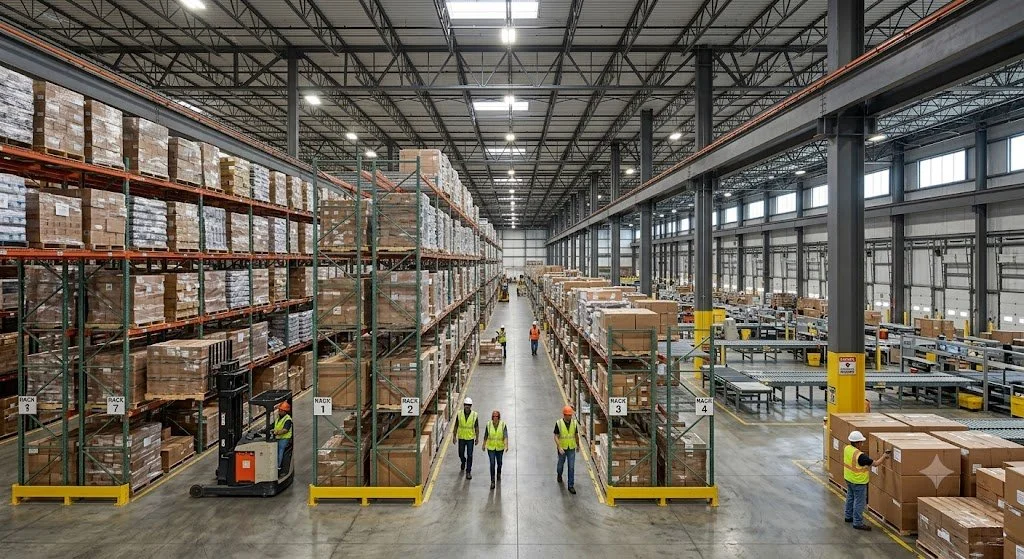 Industrial Services in Kingston Ontario and Surrounding Areas. Interior of a large warehouse with high ceilings, filled with metal shelving loaded with numerous boxes. Workers wearing safety vests and helmets are walking and handling boxes.