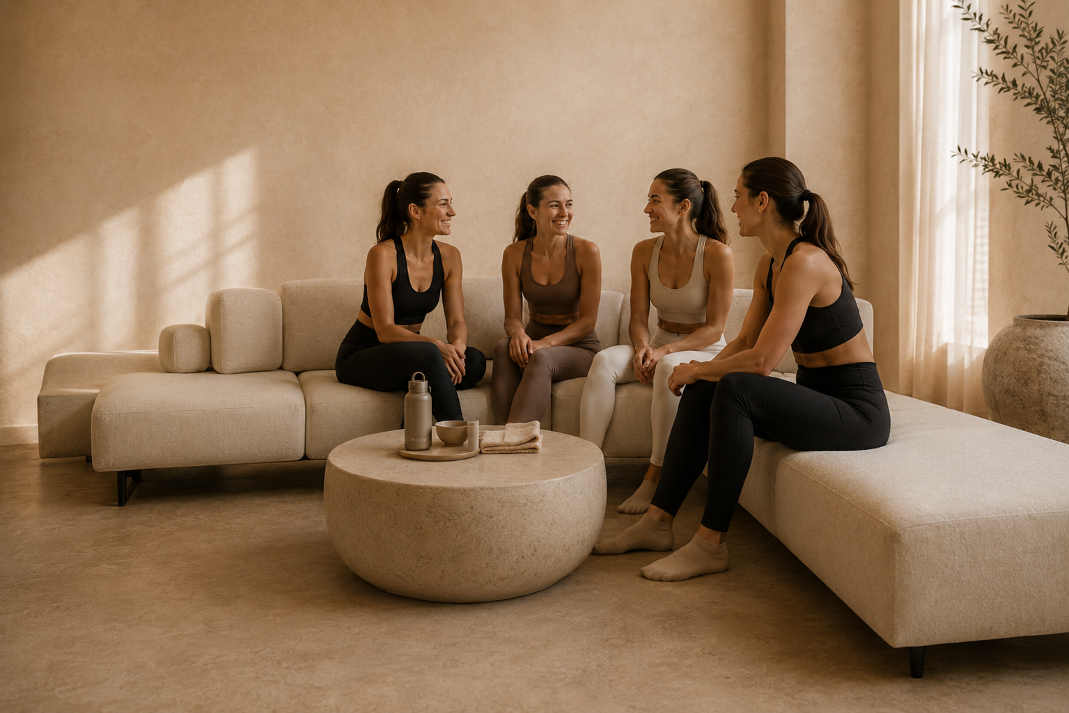 Vijf vrouwen in sportkleding zitten op een bank in een lichte kamer en praten lachend met elkaar.