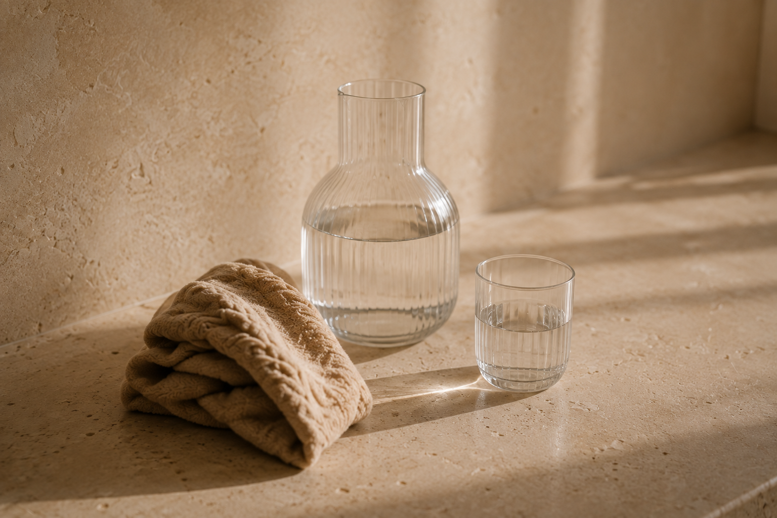 Glazen met water, een karaf van glas, een geknoopte beige handdoek, alles op een beige stenen oppervlak met zonlicht en schaduw.