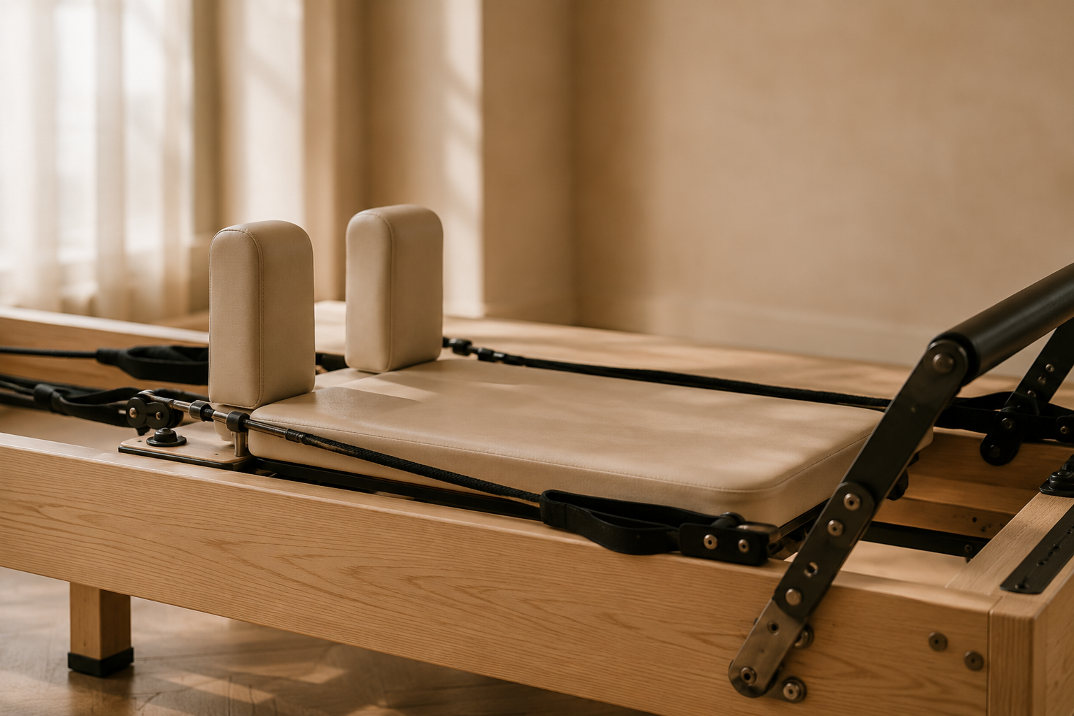 Revalidatiebed met beige matras en hoofdsteunen, houtkleurig frame, in een kamer met beige muren en gordijnen.