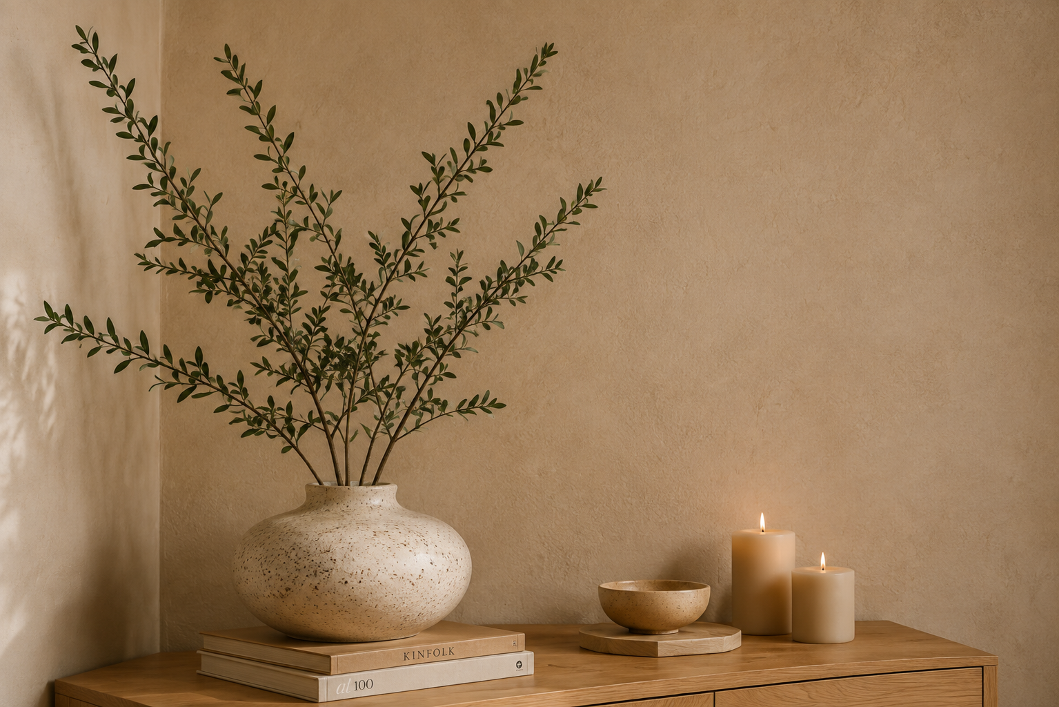 Een houten kast met een grote vaas met groene takken, twee brandende kaarsen, en boeken, allemaal in een rustige, minimalistische stijl.