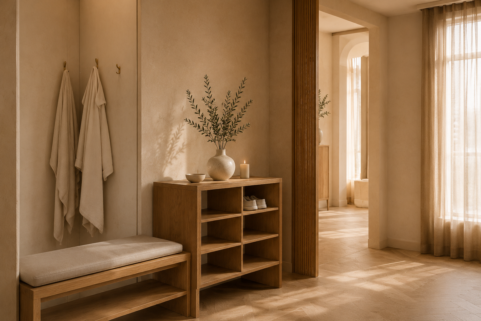 Een rustige, minimalistische inloopruimte met een houten bank, een kast met zes vakken, een vazen met groene takken, een brandende kaars, beige muren, zachte gordijnen en natuurlijke lichtinval.