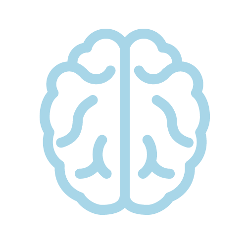 Outline illustration of a human brain in light blue against a black background.
