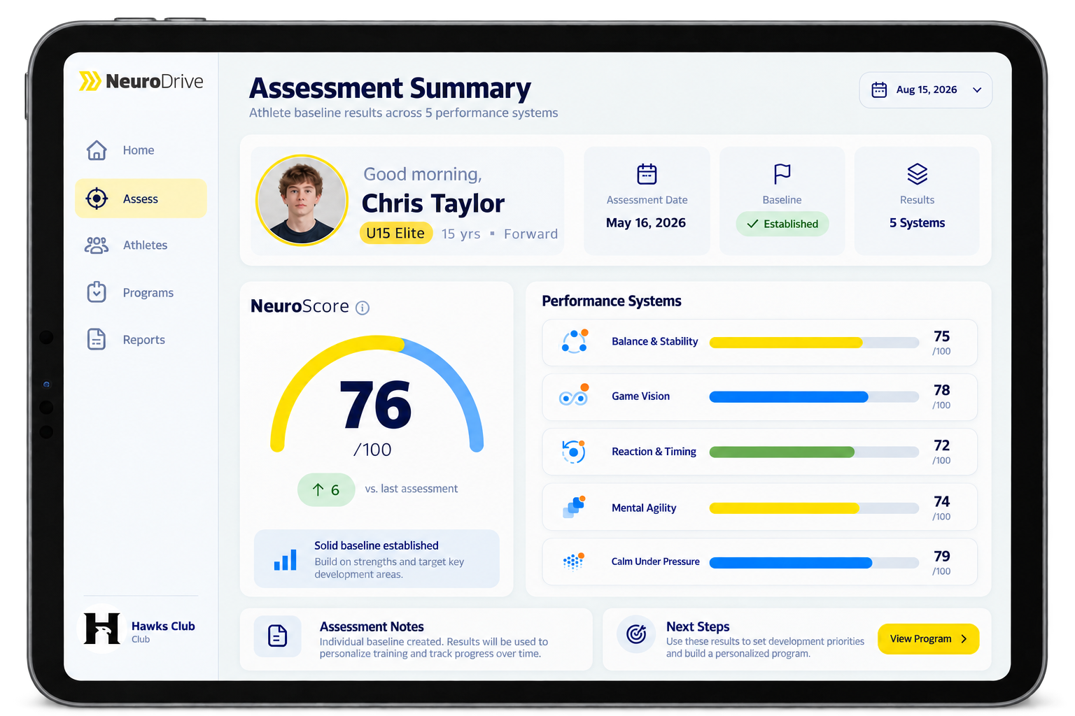 Assessment summary screen for a teenage athlete named Chris Taylor, displaying his NeuroScore of 76 out of 100, performance system results, and an option to view program details.