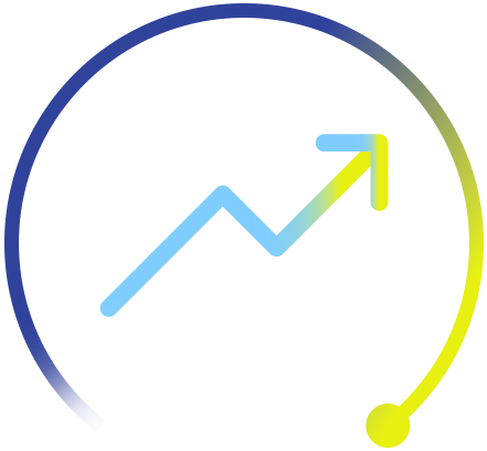 A stylized bar chart with an upward arrow over blue, yellow, and gray bars, representing growth or progress.