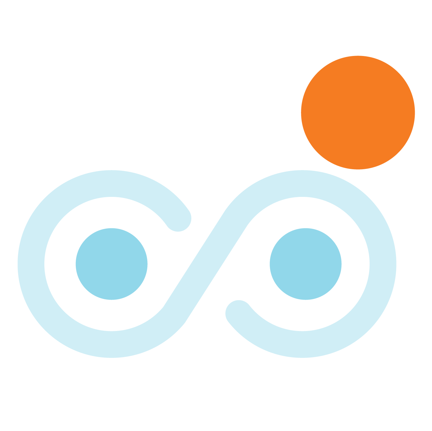 Logo with a black background, light blue infinity symbol, and orange circle